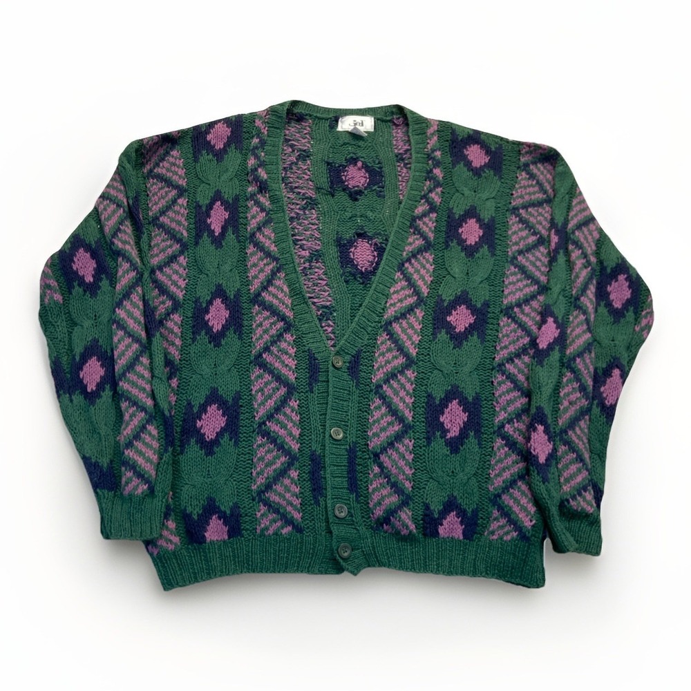 Vintage Jed Cardigan Men's L Green Pink Sweater Knit Cotton 90s Retro
